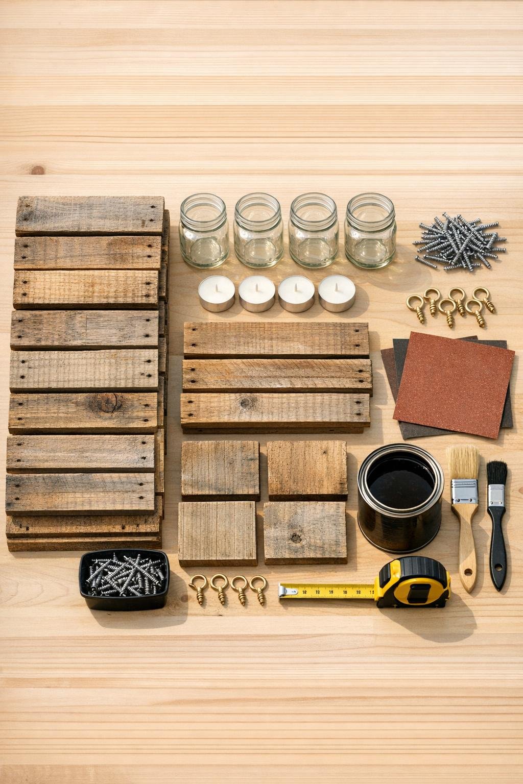 Pallet wood boards, screws, glass jars, hooks, sandpaper, stain, and candles laid out for the lantern project