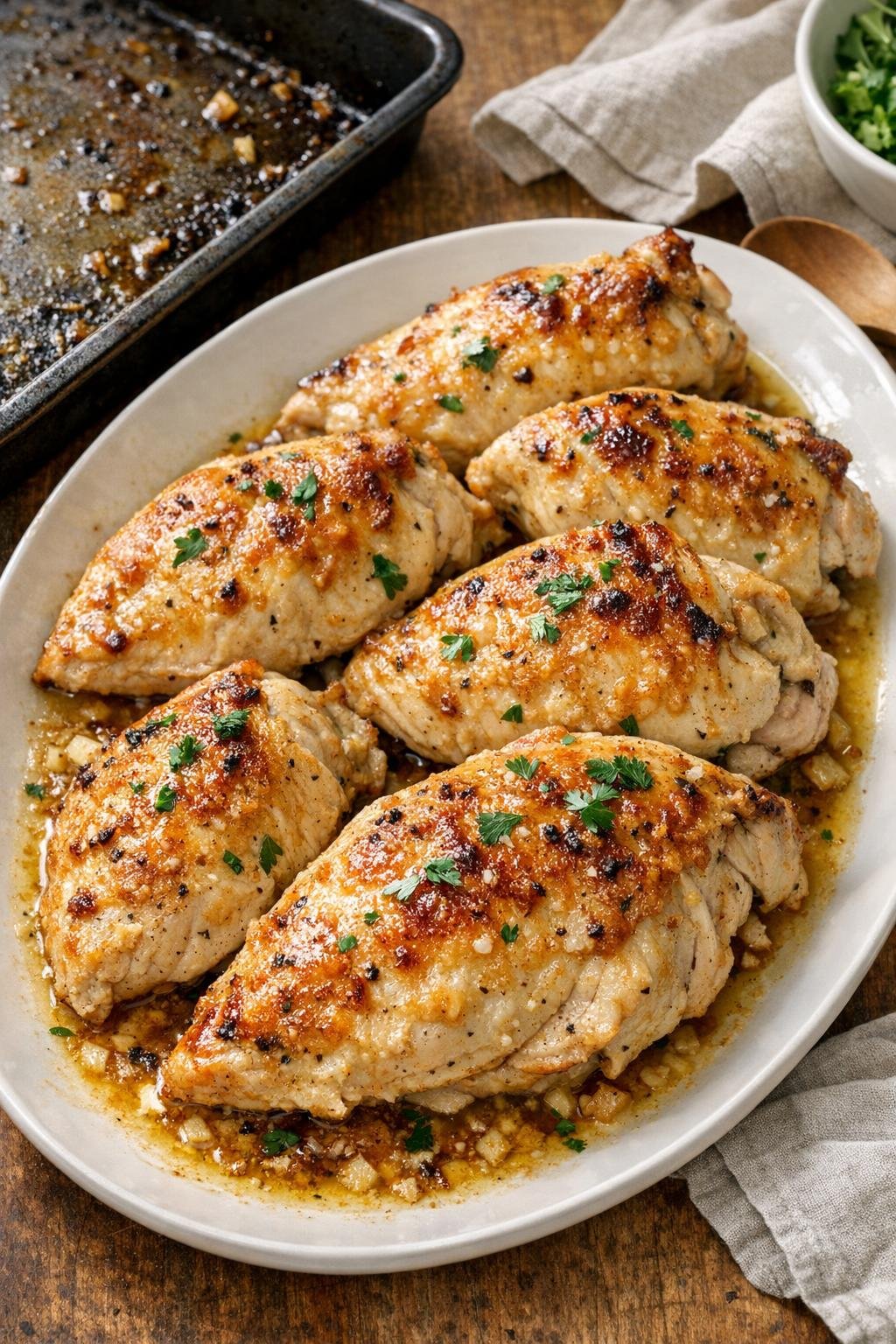 Finished roasted split chicken breasts on a platter