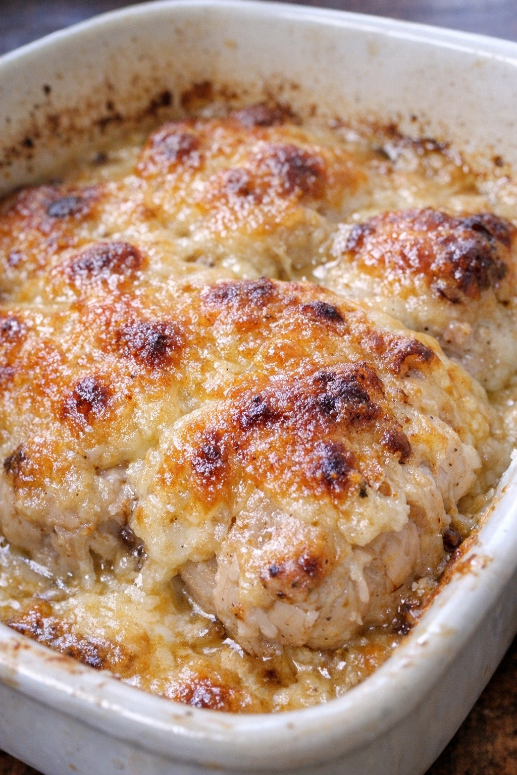 Baked casserole with bubbling golden crust
