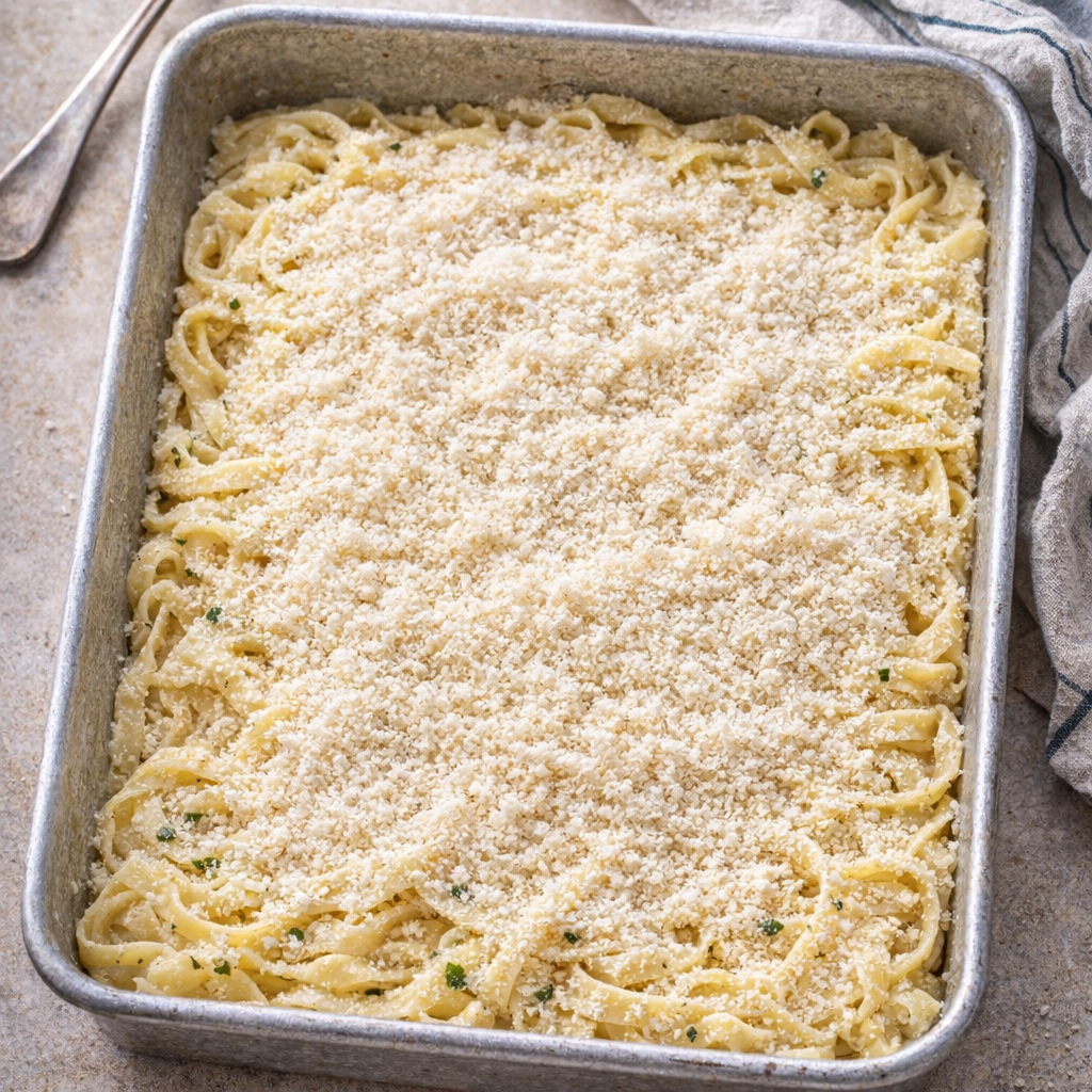 Unbaked parmesan noodles spread in a metal baking pan