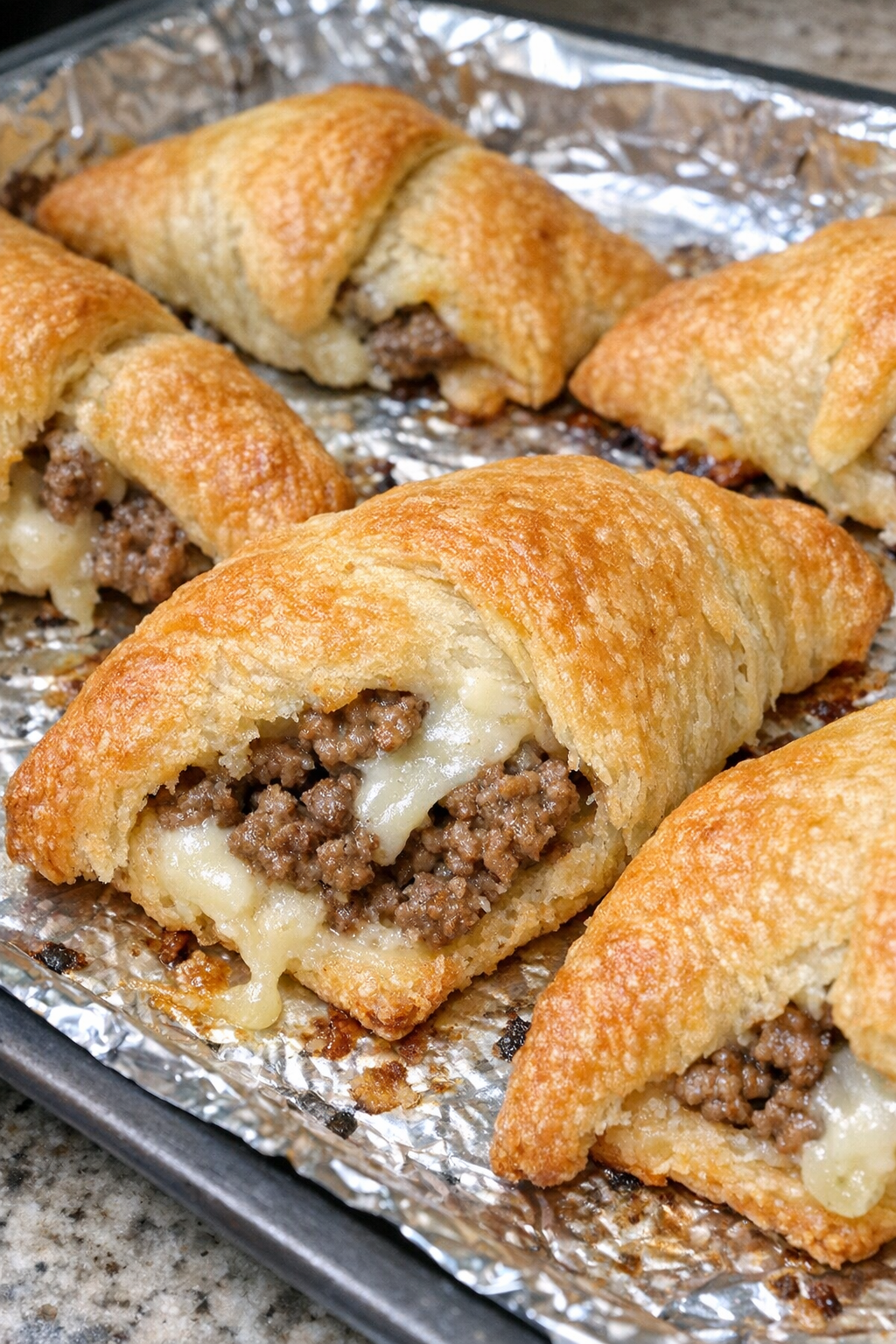 Oven baked beef crescent triangles on a foil-lined baking sheet