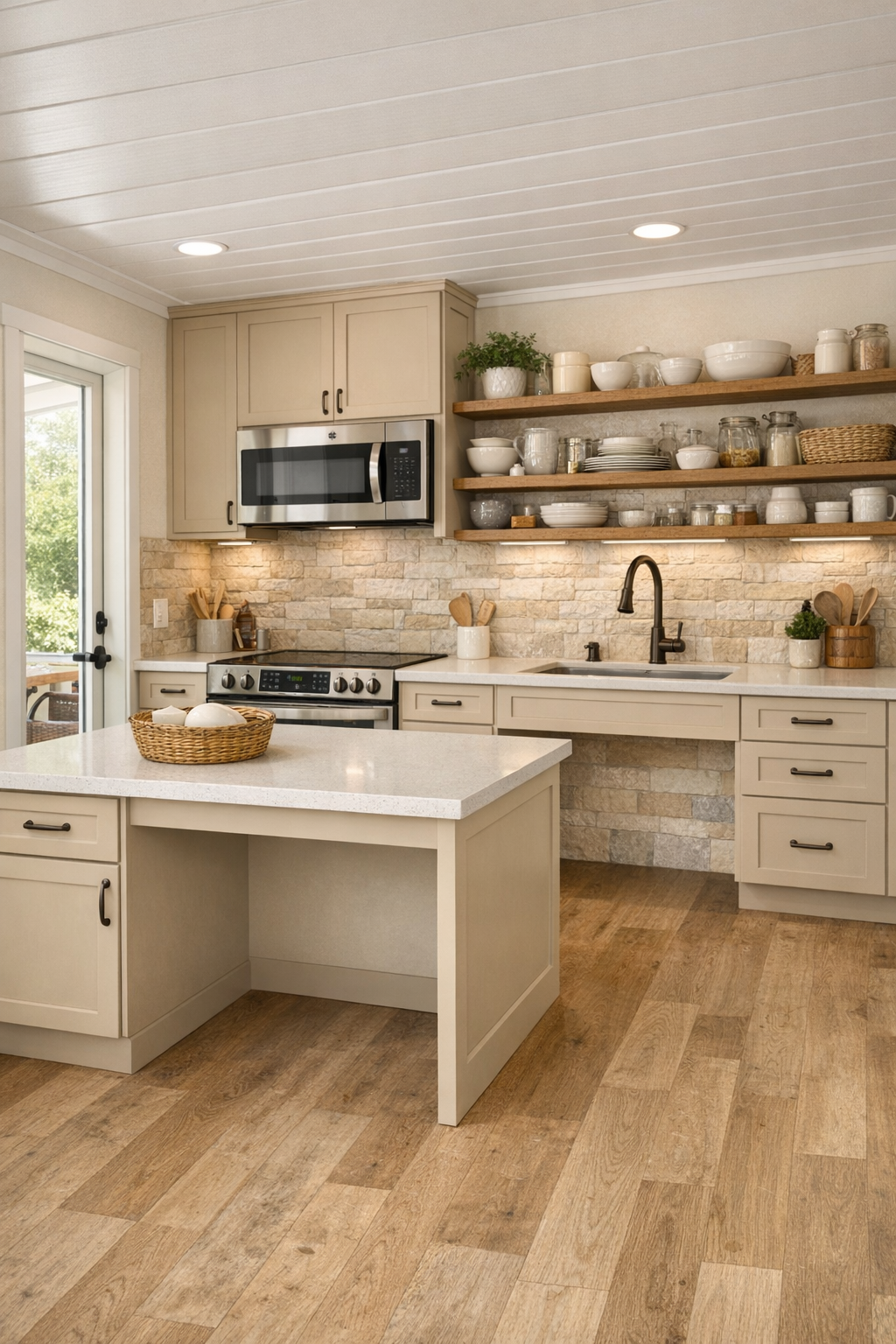 Accessible kitchen with biscuit cabinetry, warm white counters, and natural wood shelving
