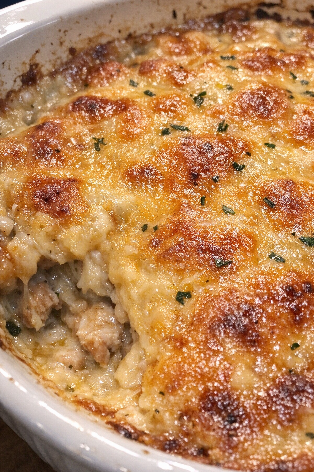 Bubbly golden-brown baked casserole in a ceramic dish