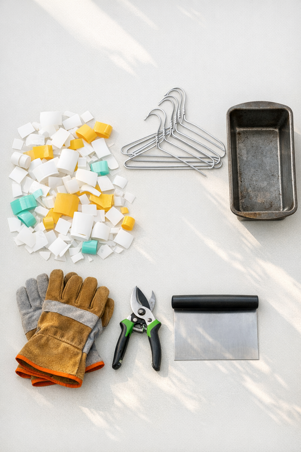 Chopped sunscreen bottles and wire coat hangers laid out for making garden stakes