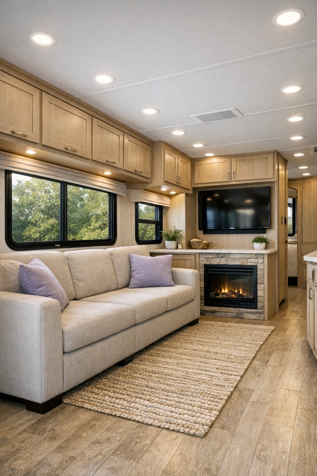 Bright accessible RV living room with pale wood cabinetry, soft neutral sofa, lavender accents, and large windows