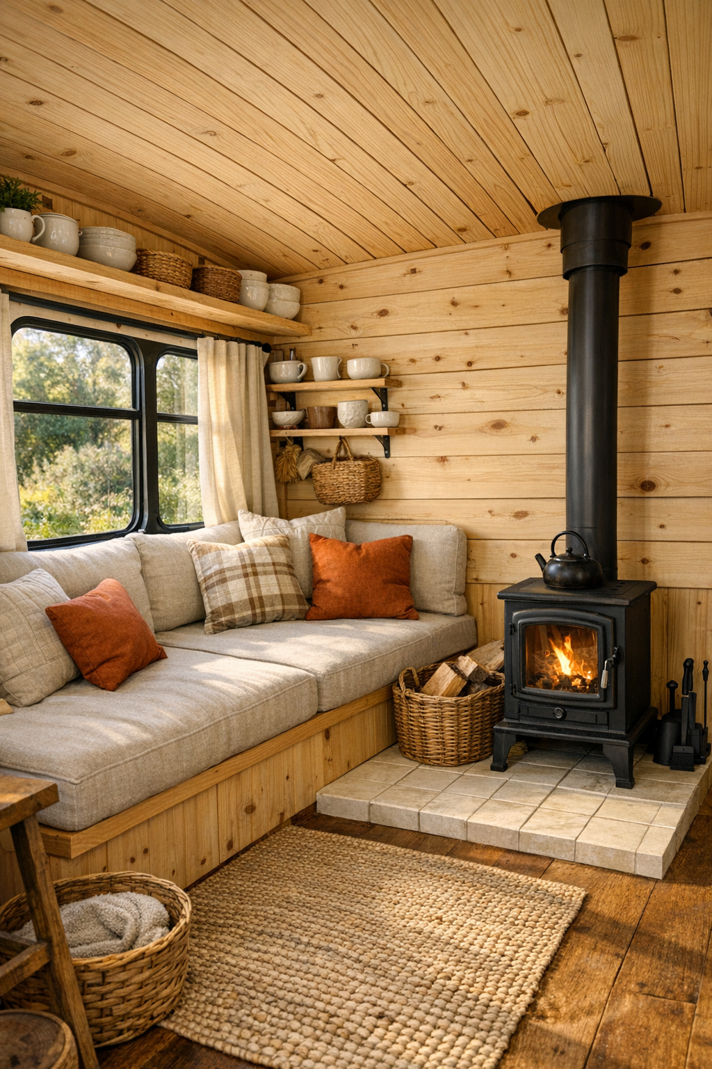Cozy converted bus living room with built-in bench seating and light wood finishes
