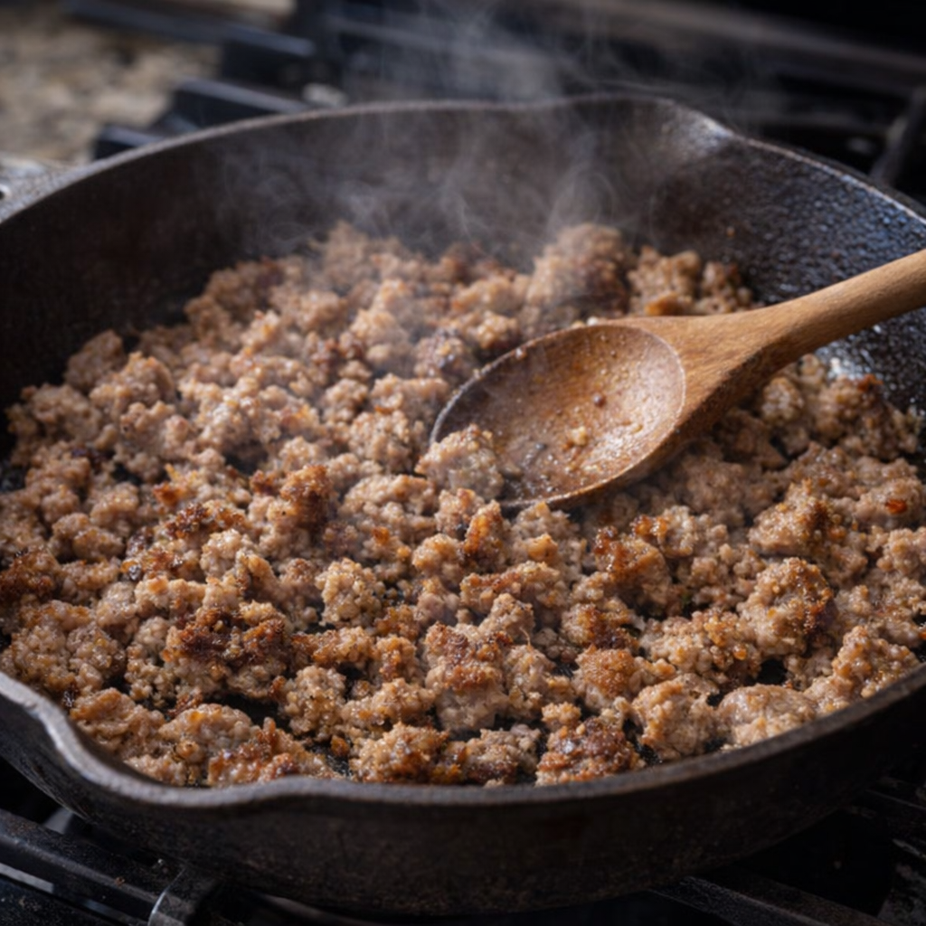 Browning sausage in a cast-iron skillet