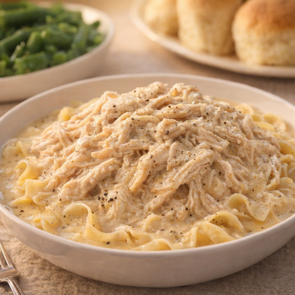 Family-style bowl of chicken and noodles with green beans and rolls