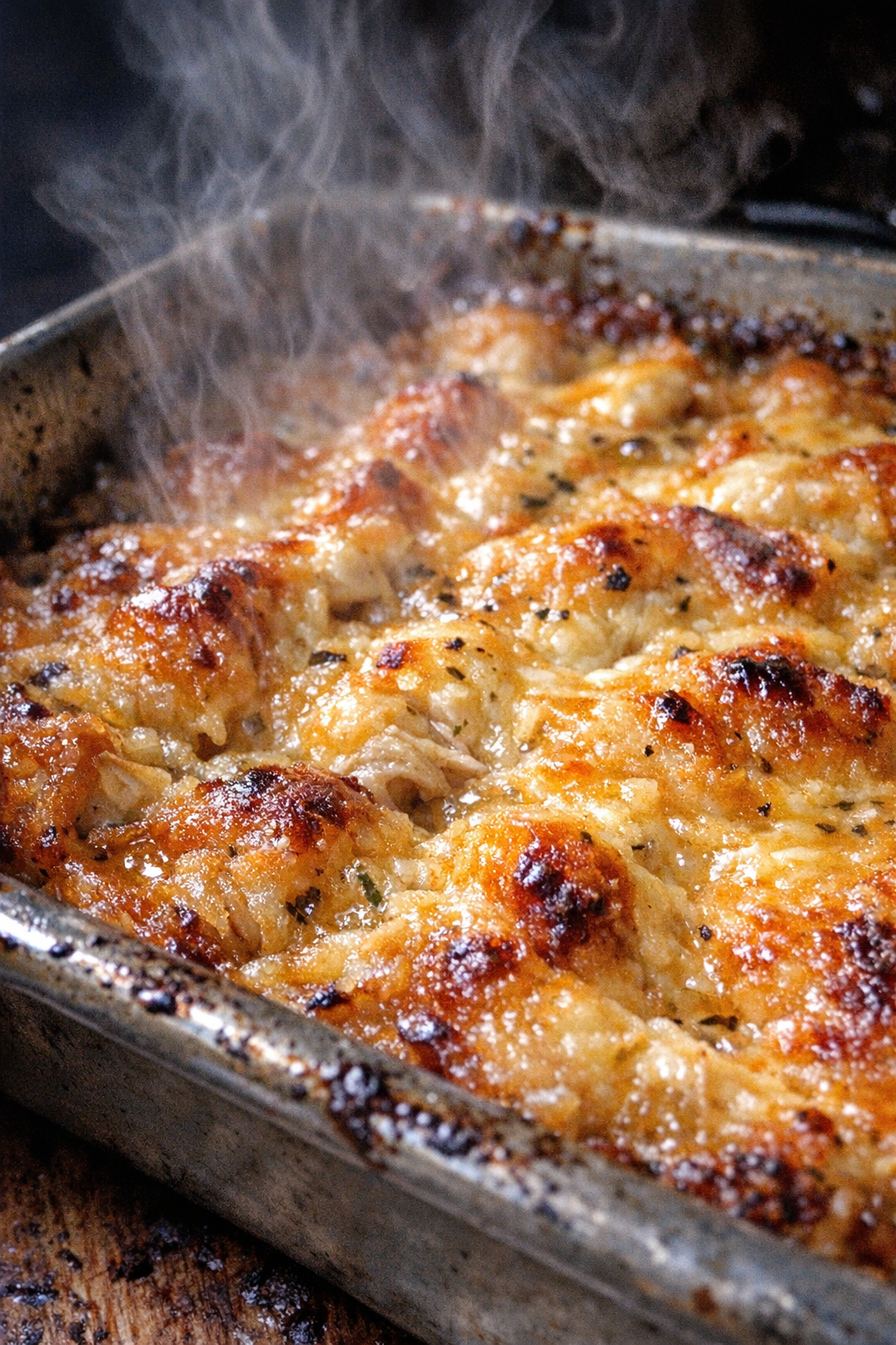Bubbling golden baked chicken mixture in a metal baking sheet