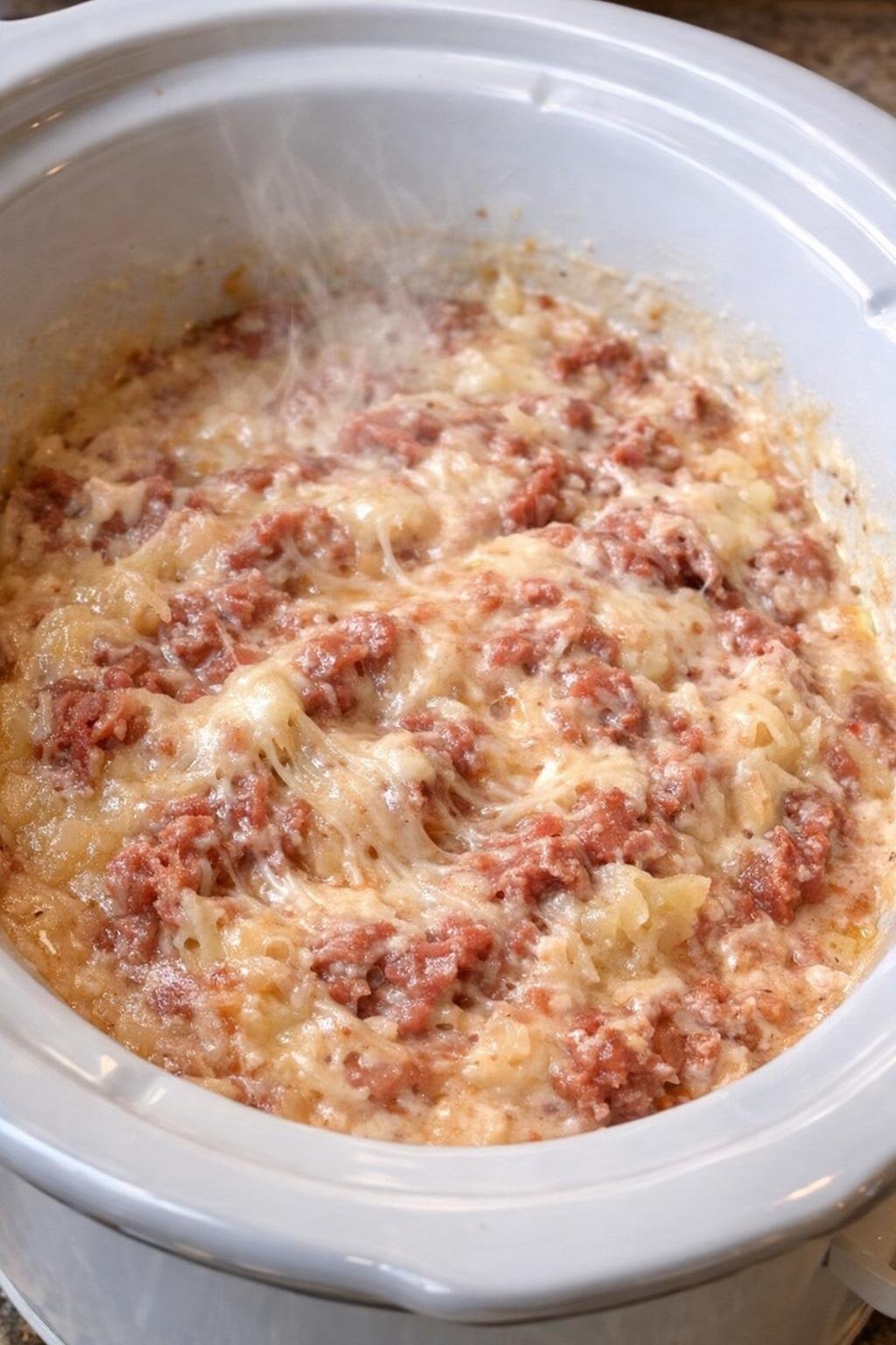 Slow cooker Reuben dip in a white crock