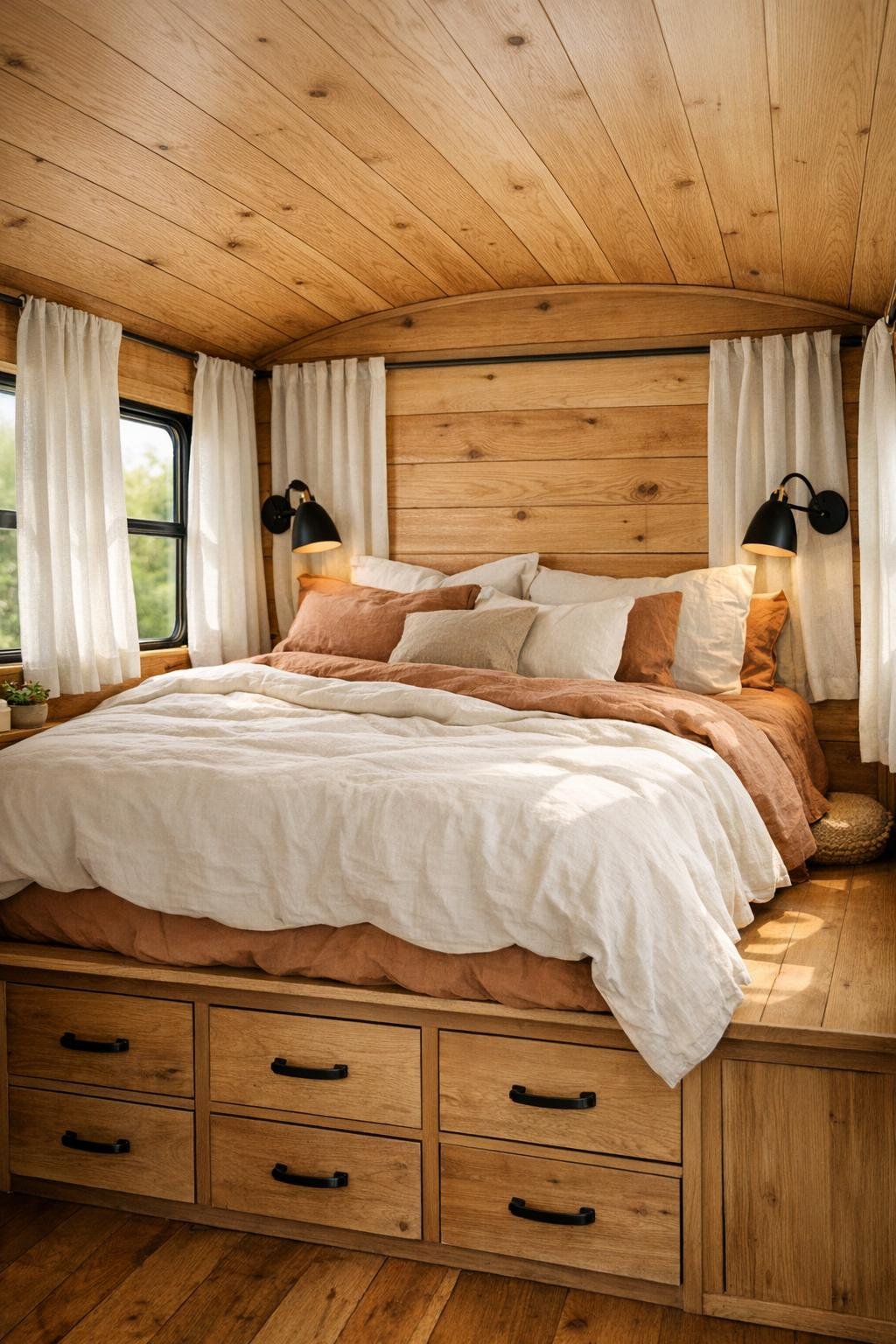 Warm bus bedroom with platform bed, linen bedding, and wood paneling