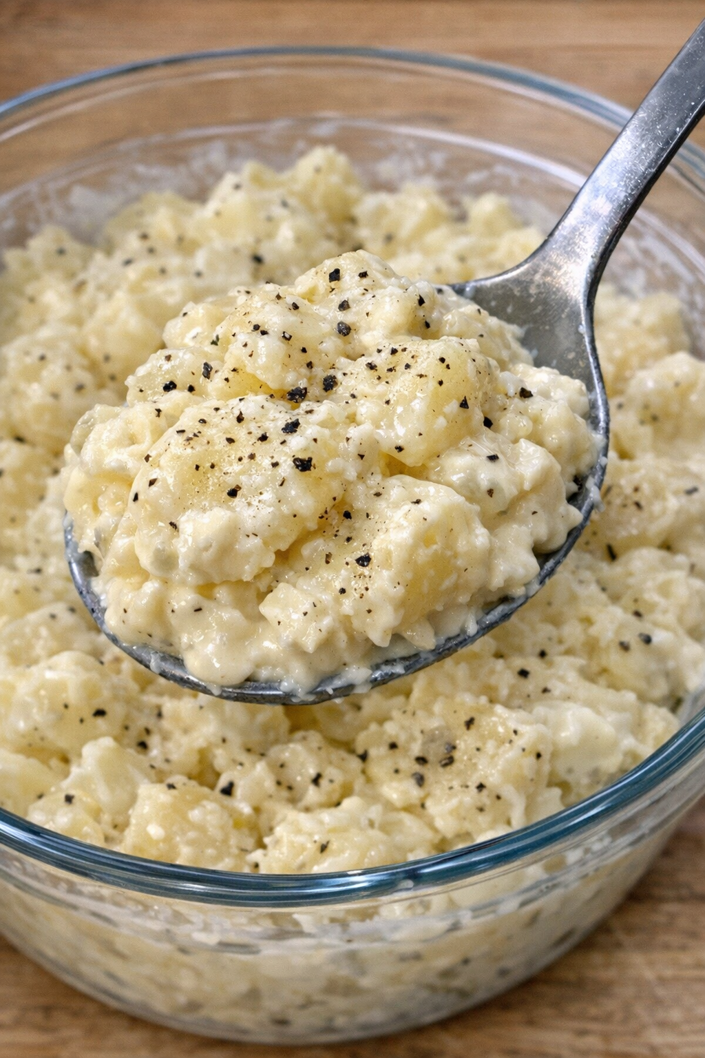 Close-up of creamy potato Sullivan salad in a glass bowl
