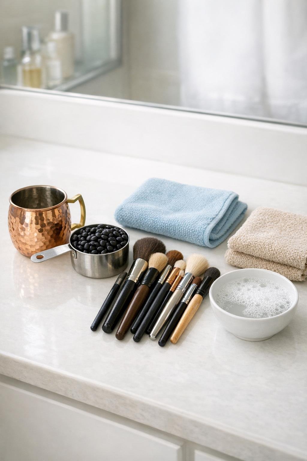 Materials for a copper mug makeup brush holder laid out on a bathroom counter