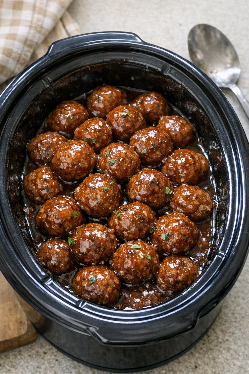 Finished savory meatballs in a slow cooker