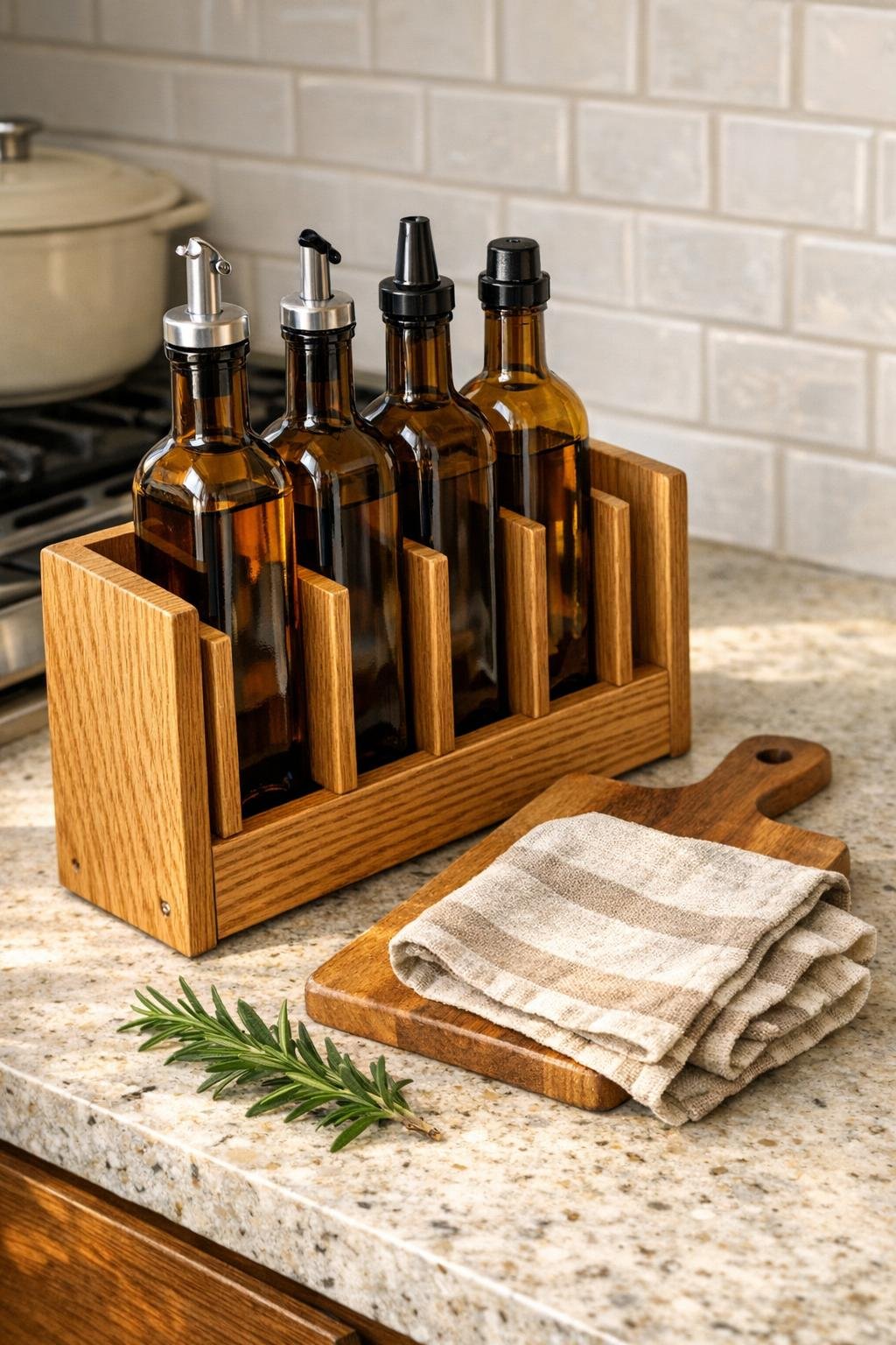 Finished kitchen oil bottle caddy in an oak desk file sorter