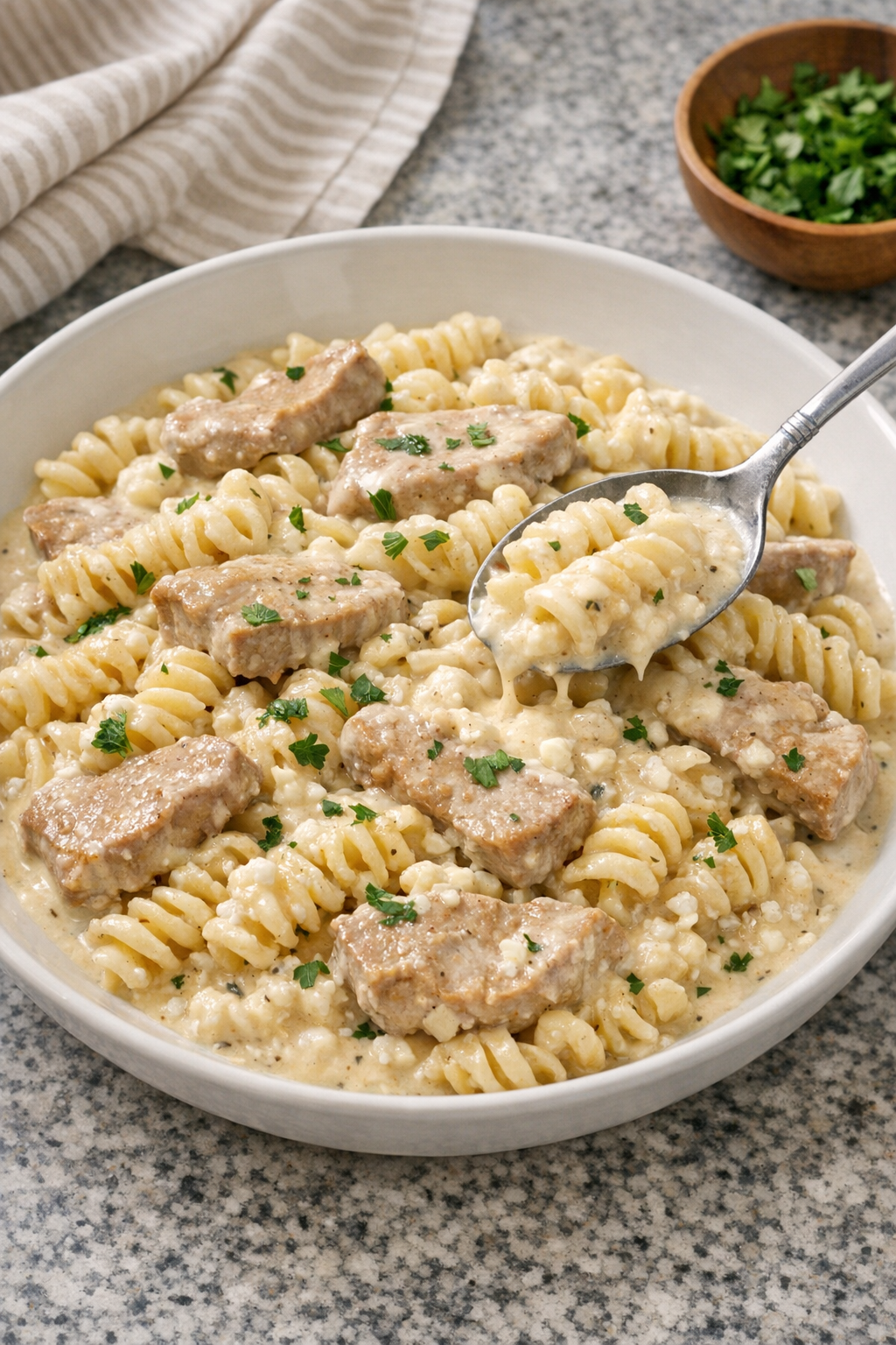 Creamy pork pasta plated in a bowl