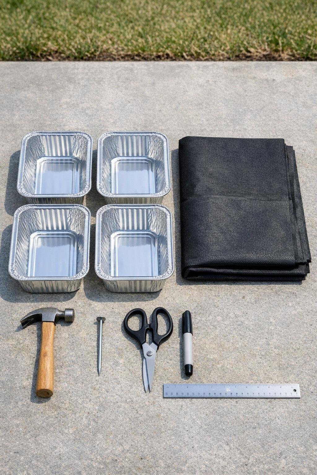 Aluminum loaf pans and landscape fabric laid out with simple tools