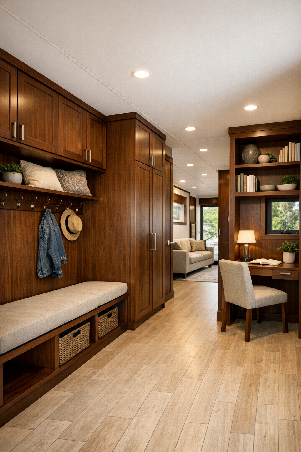 Built-in entry and hallway area with storage bench and warm wood detailing