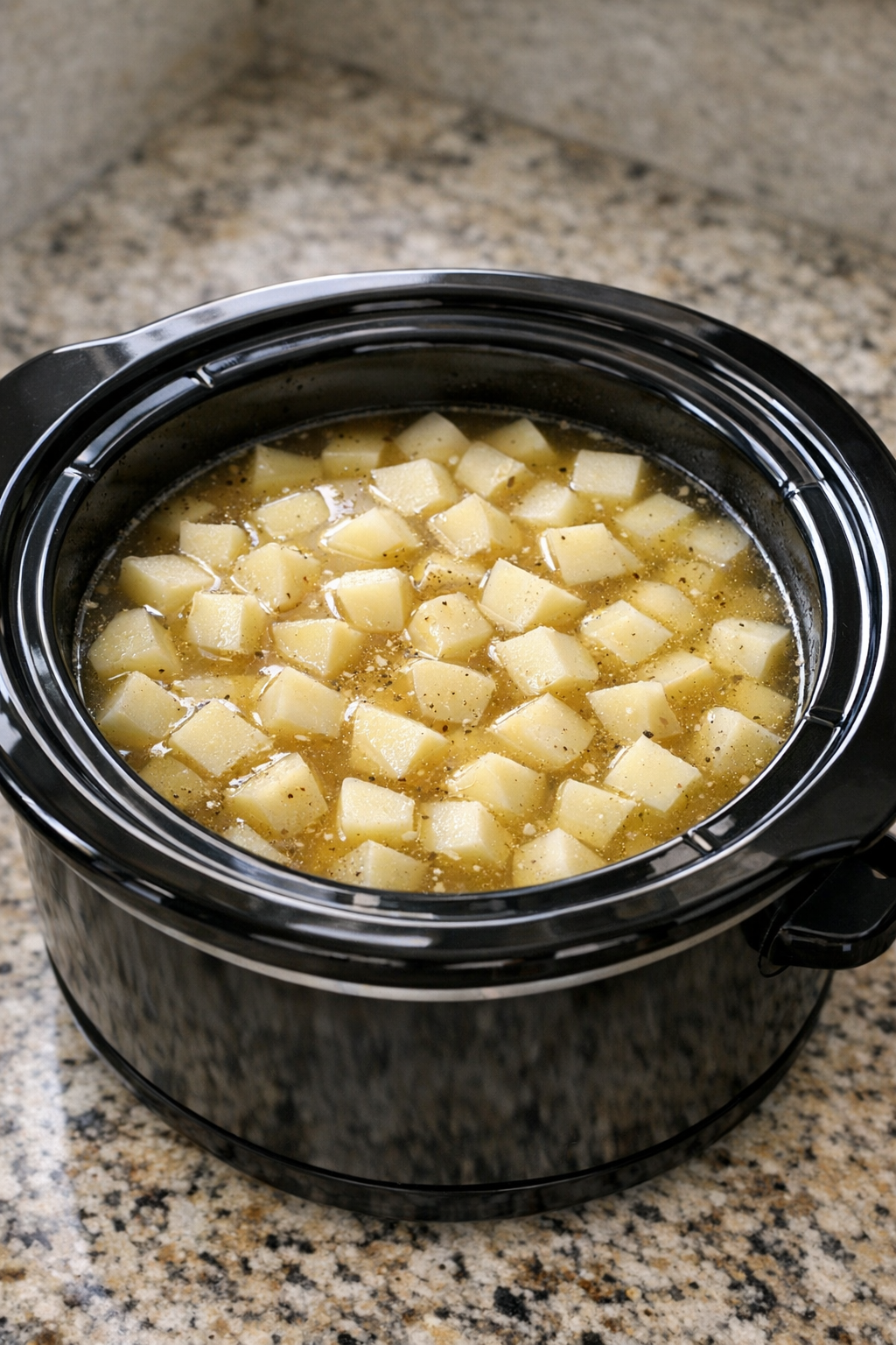Potatoes and broth in a slow cooker