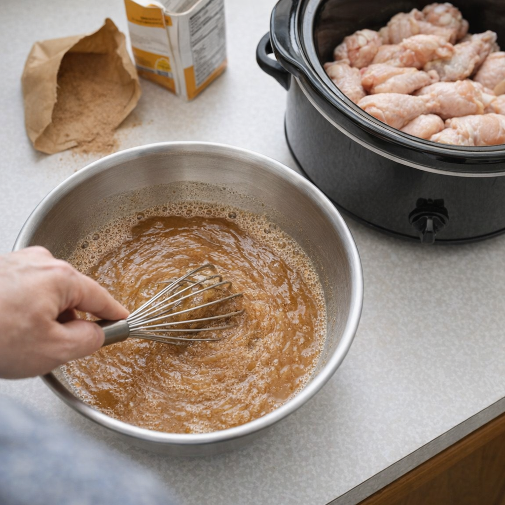 Brown gravy mixture being whisked in a bowl beside a slow cooker