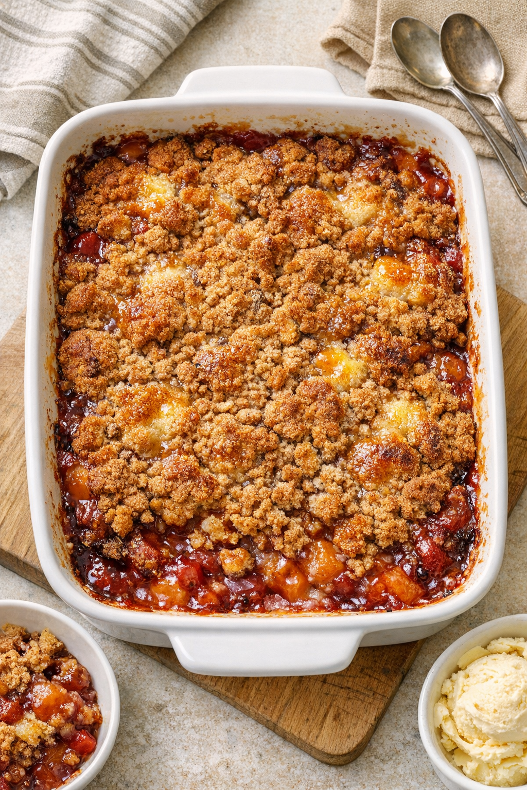 Baked summer sweet in a ceramic casserole dish