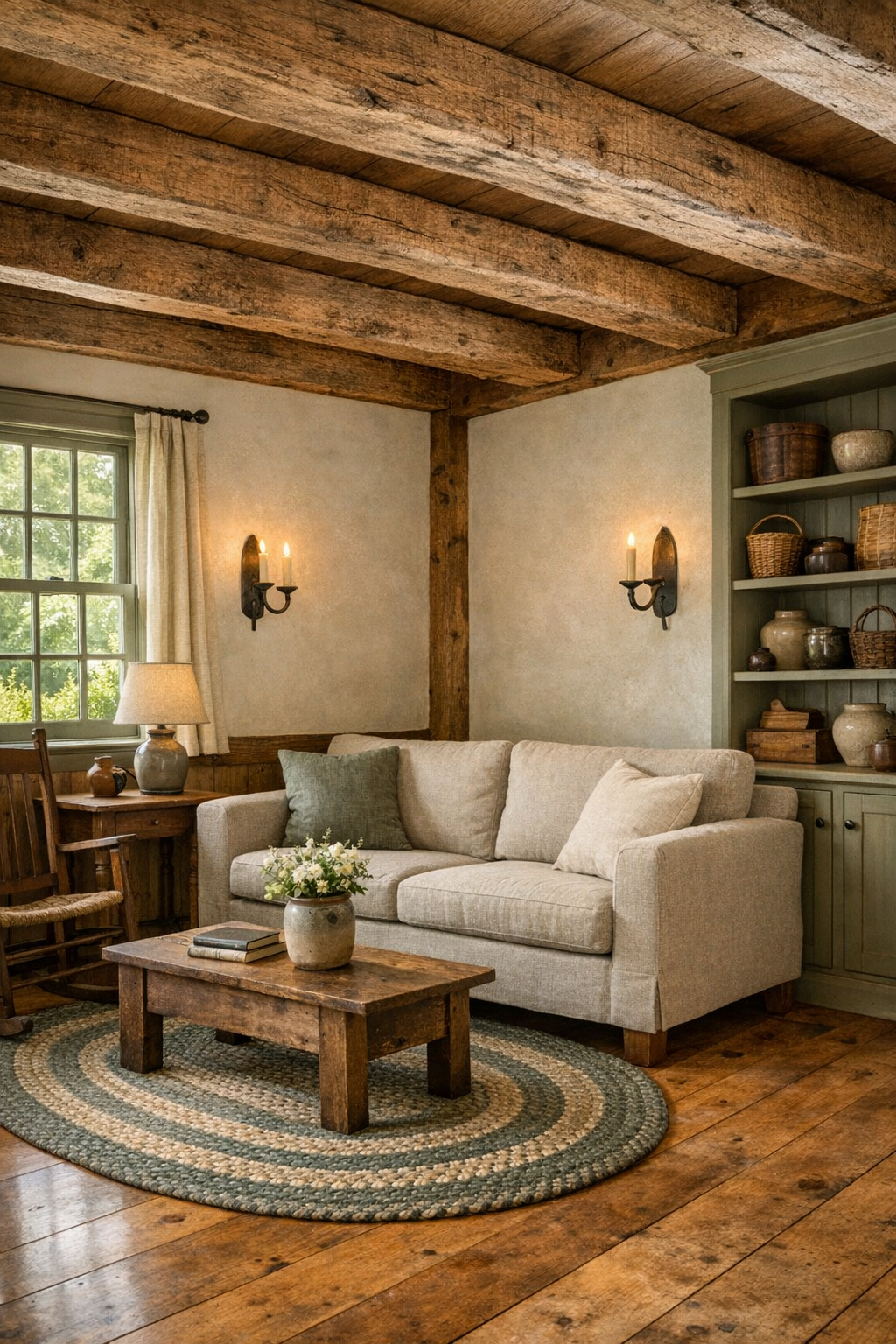 Warm handcrafted tiny home living room with sage accents and colonial details