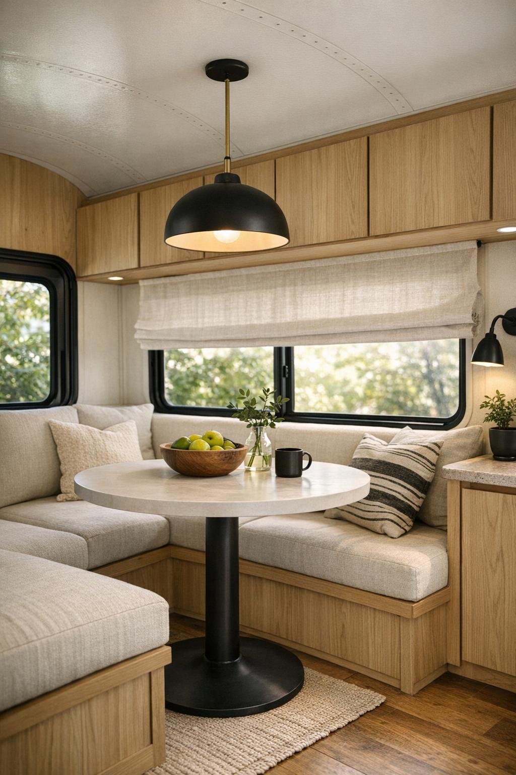 Small shuttle bus dining nook with banquette seating and pedestal table