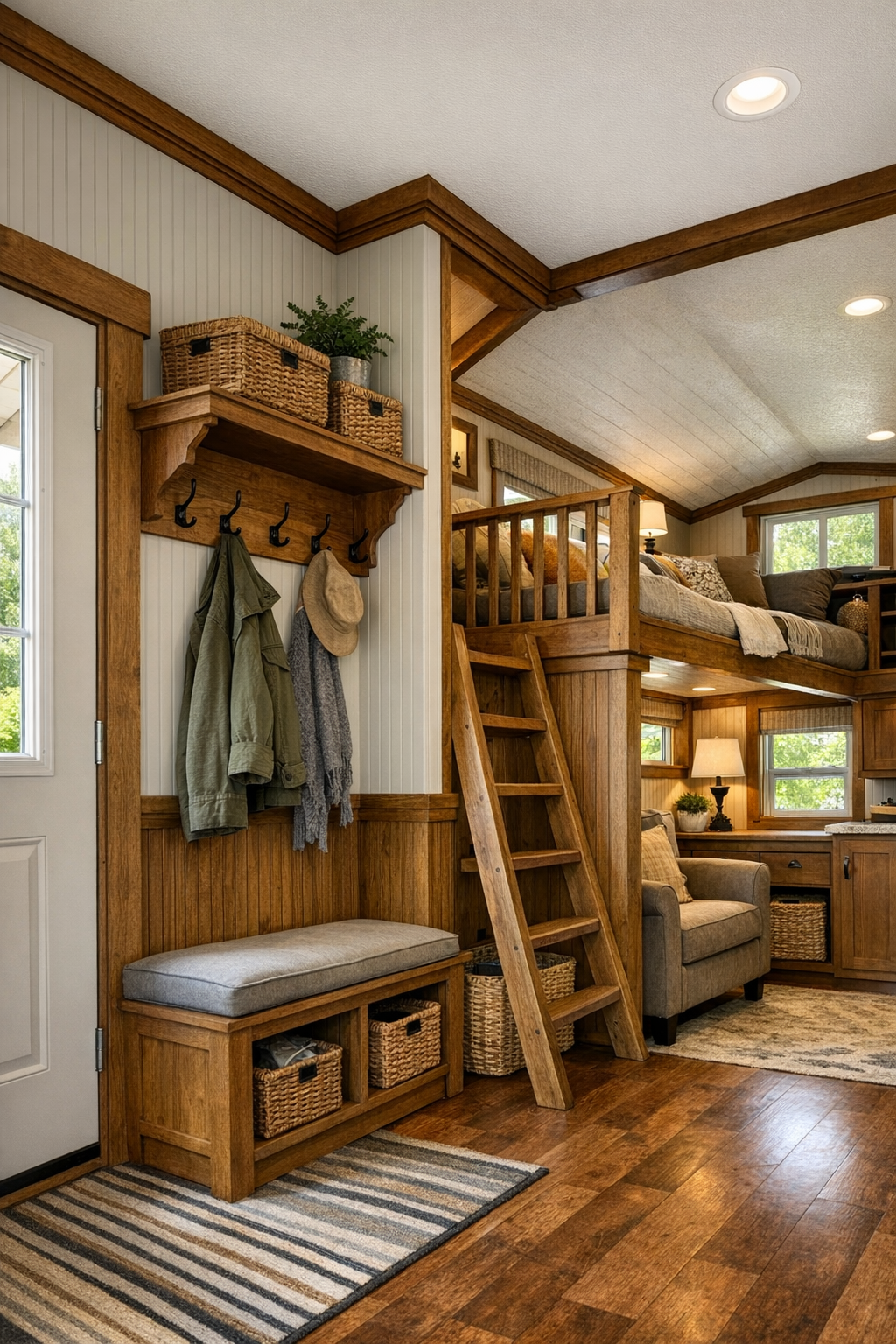 Thoughtful entry and bonus nook with built-in storage in a craftsman RV