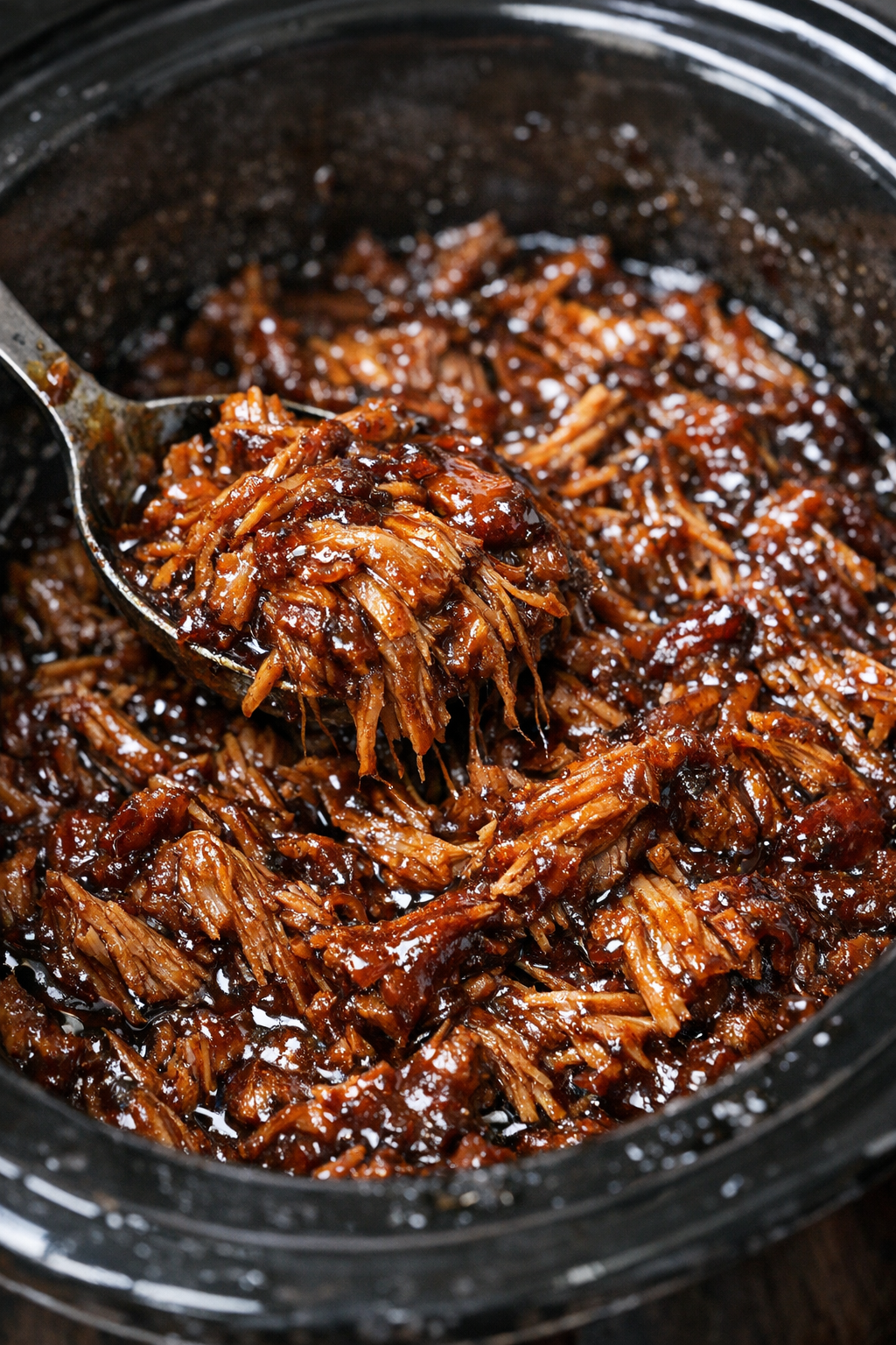 Slow cooker filled with glazed pulled protein in dark glossy sauce