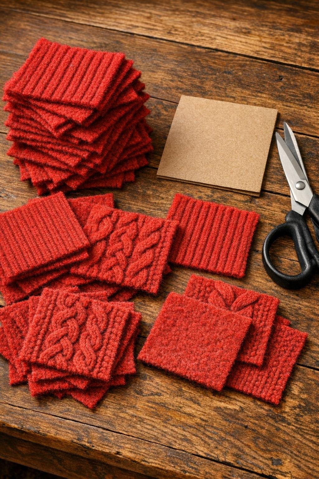 Sweater squares cut from a felted red knit sweater