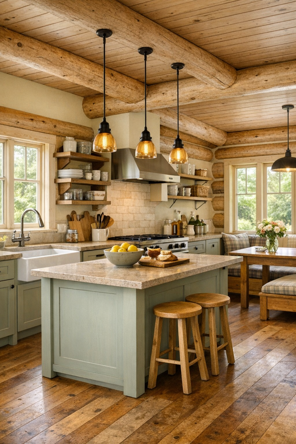Inviting kitchen with soft painted cabinetry, farmhouse sink, and central island in a birch log home