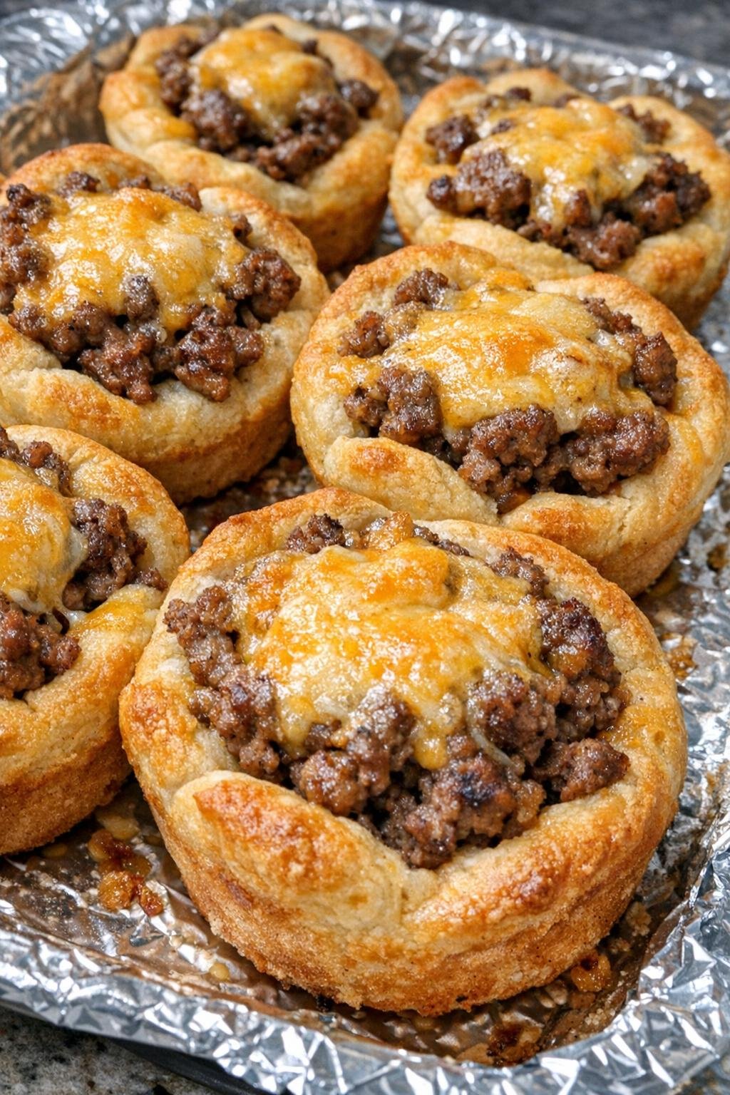 Oven baked 4-ingredient beef biscuit cups on a foil-lined baking sheet
