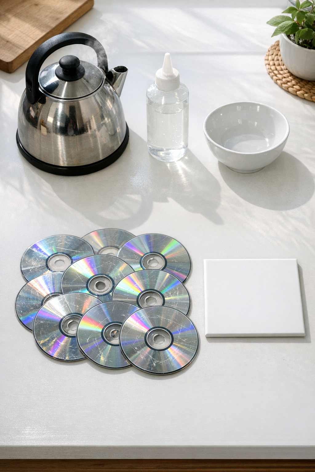 Materials for making iridescent mosaic backsplash tiles from old CDs