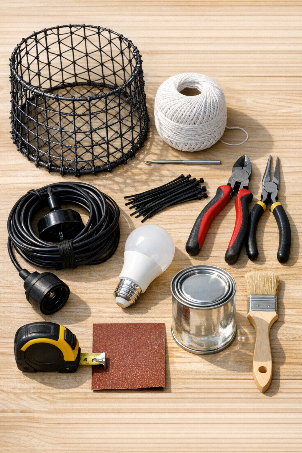 Materials for making a crocheted outdoor lampshade with a wire lobster trap