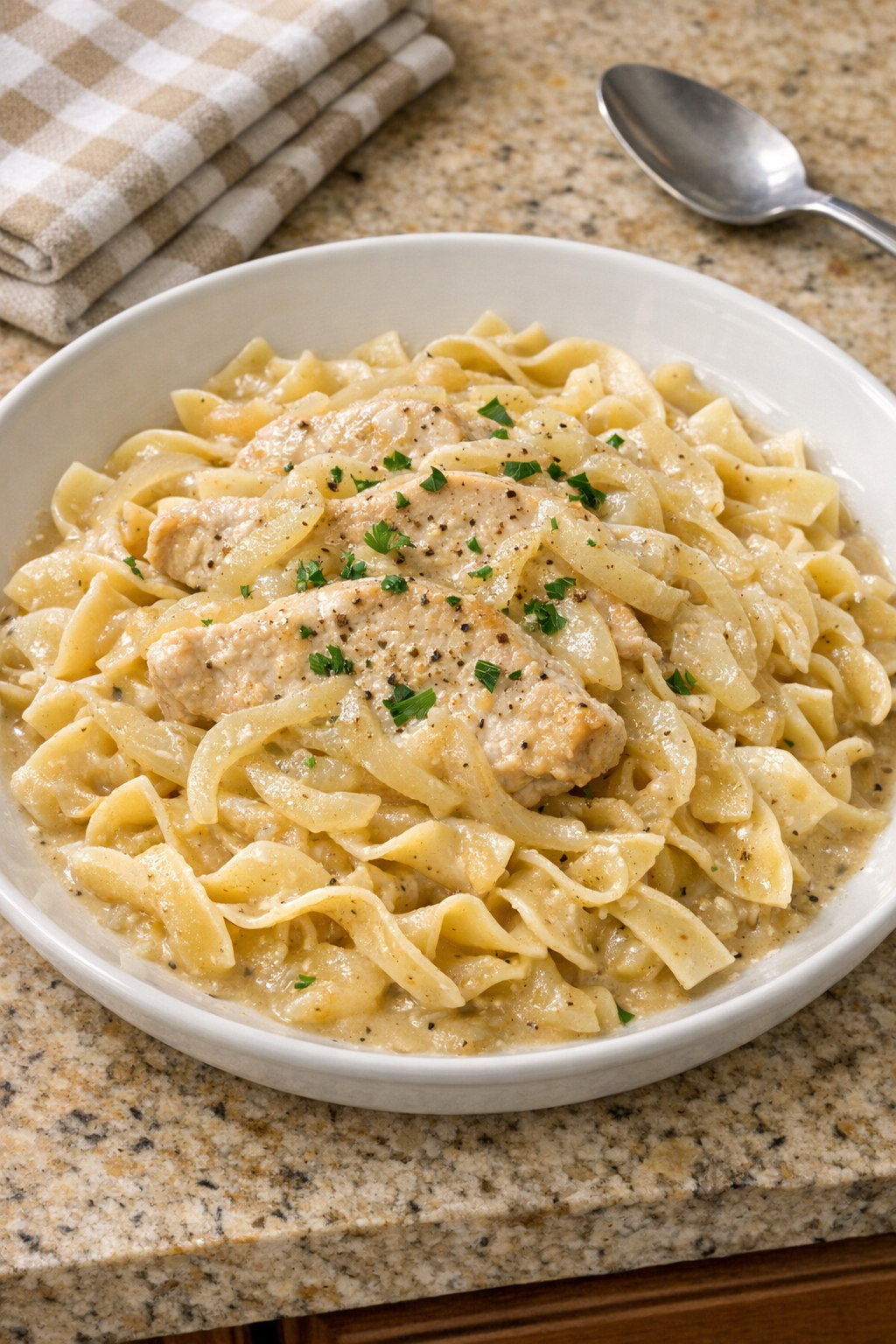 Finished Amish onion turkey pasta served in a bowl