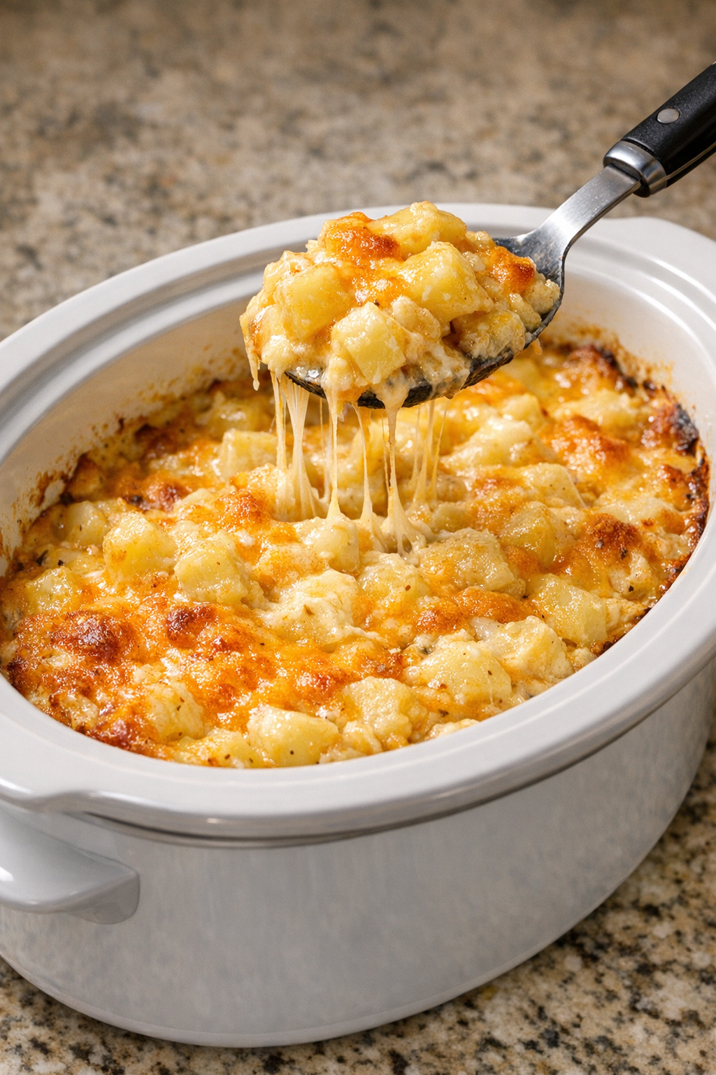 Finished bubbling golden potato casserole in a white oval slow cooker