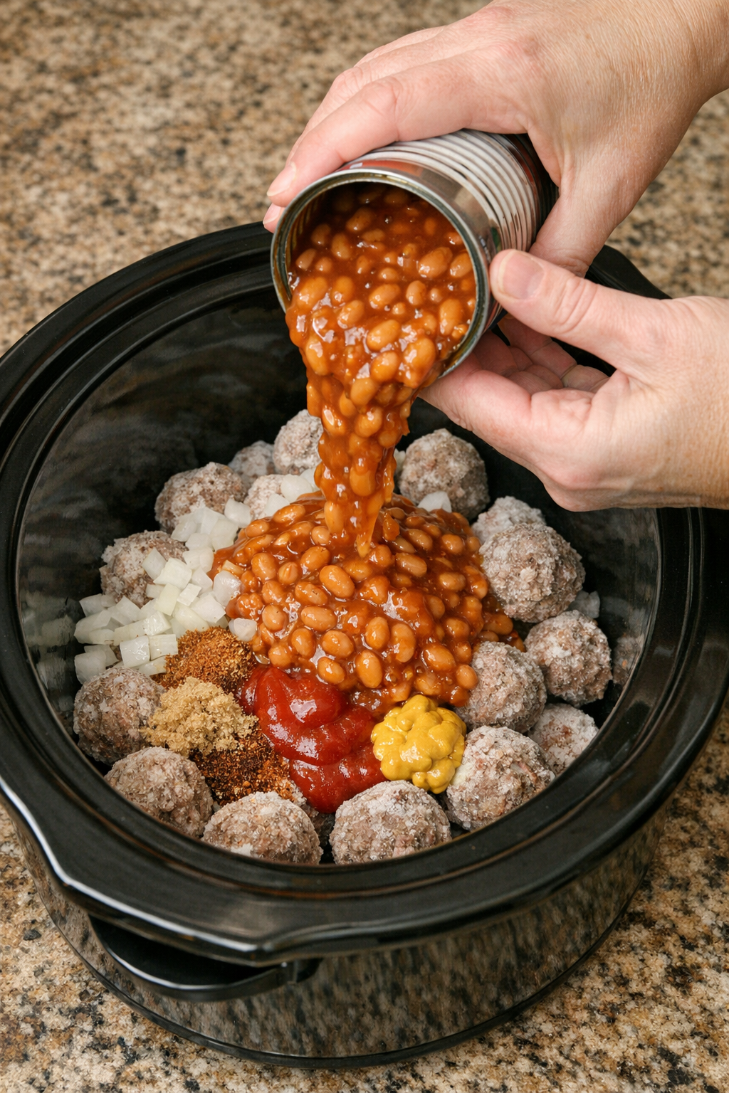Pork and beans being added over the meatballs in the slow cooker