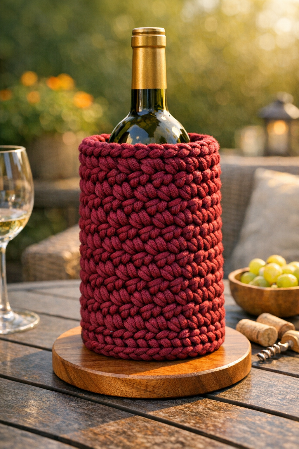 Finished burgundy crochet outdoor wine holder on a wooden base