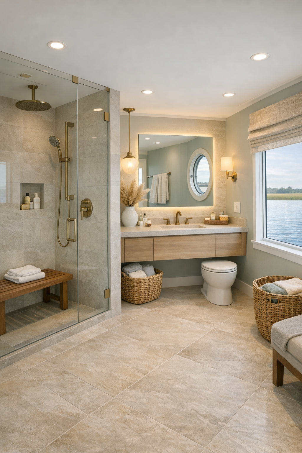 Elegant accessible bathroom with curbless shower, teak bench, and floating vanity