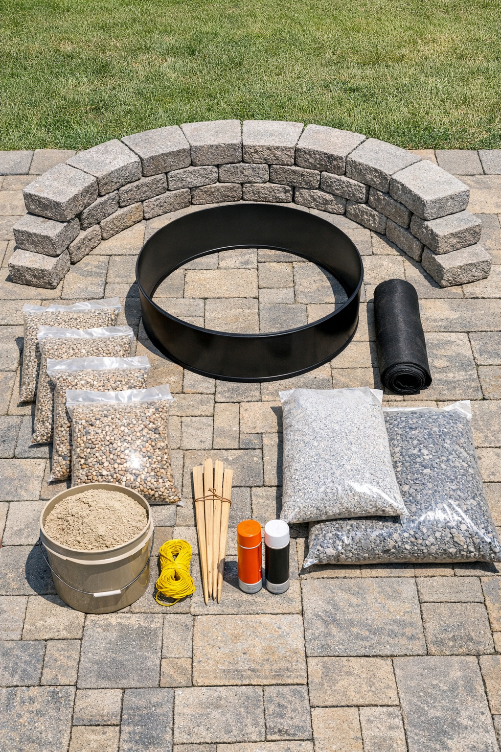 Materials for a circular fire pit seating project laid out together