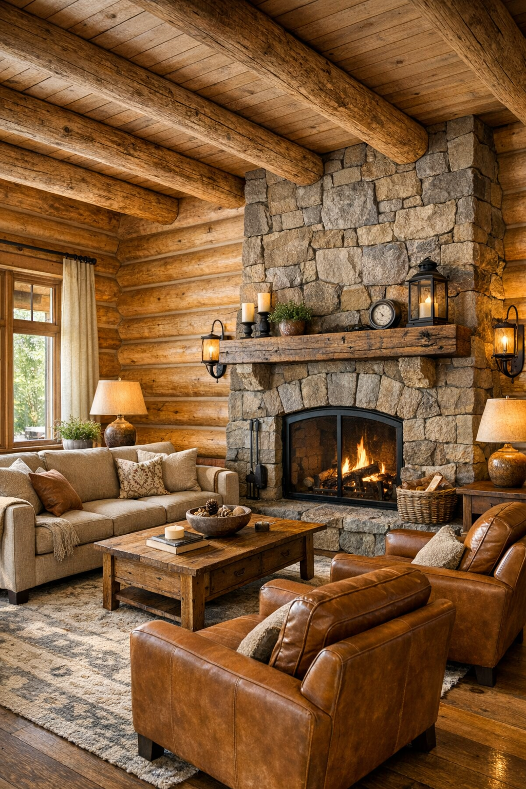 Warm log home living room with stone fireplace and linen seating