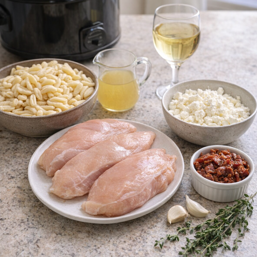 Ingredients for goat cheese chicken cavatelli on kitchen counter