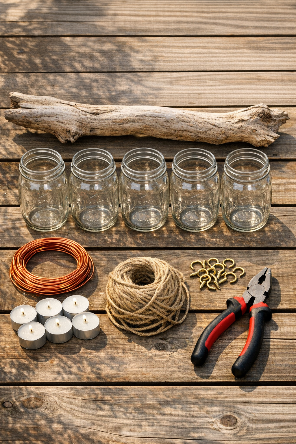 Materials for a mason jar lantern chandelier laid out on a table