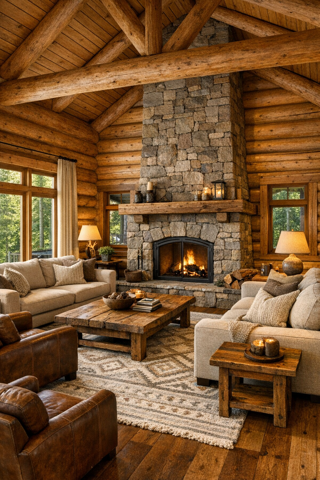 Warm log home living room with stone fireplace and vaulted ceiling