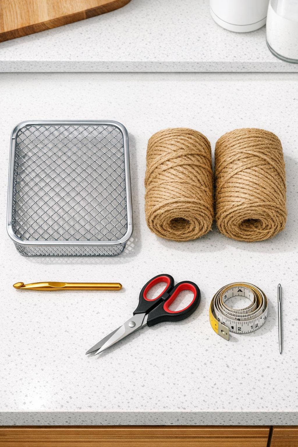 Materials for making a crochet jute storage tote with a metal strainer