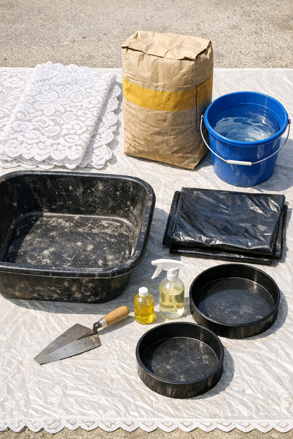Vinyl lace tablecloth and cement materials laid out for patio form project