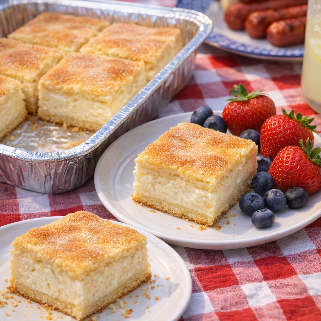 Cut cheesecake bars arranged for serving with berries