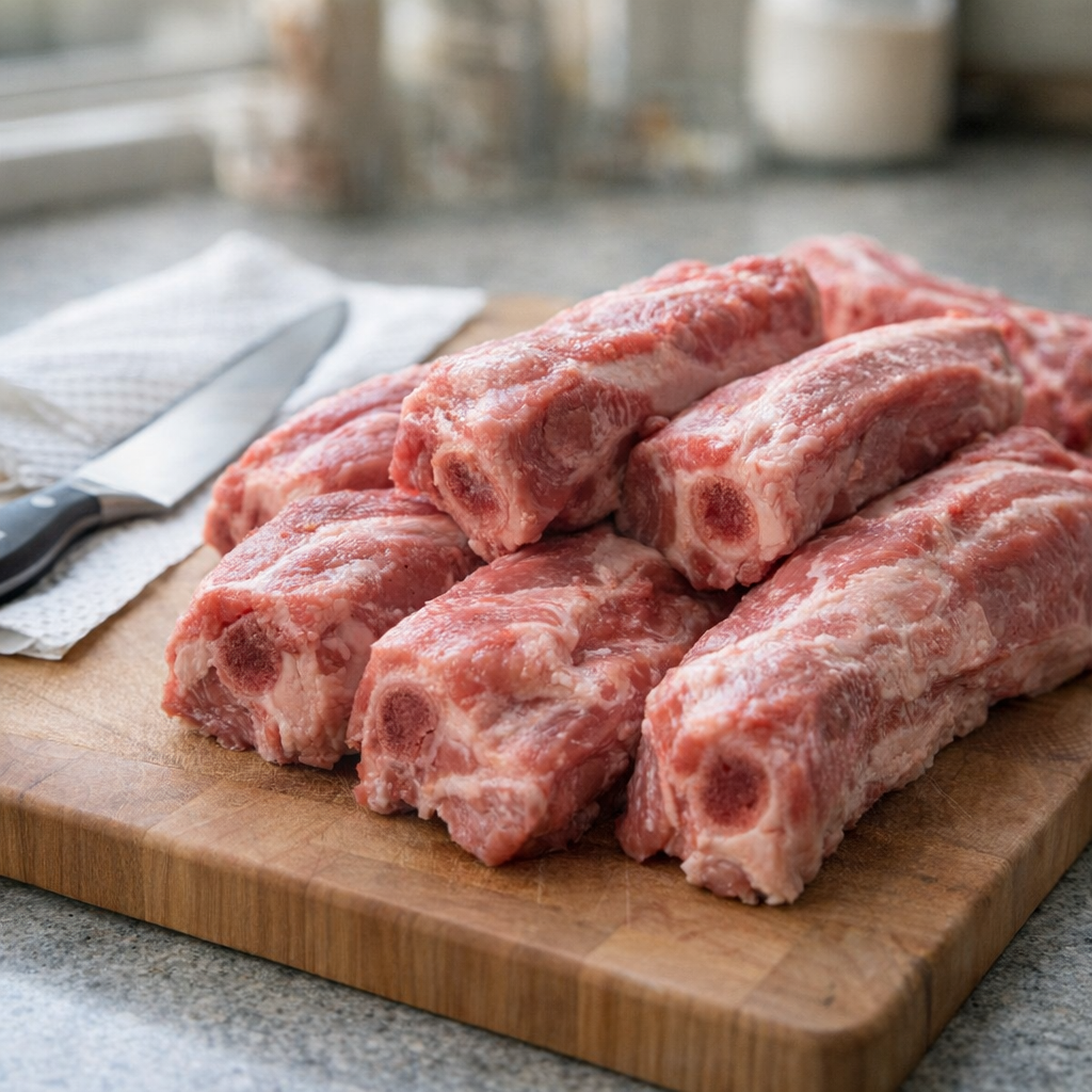 Raw country style ribs being prepped on a cutting board