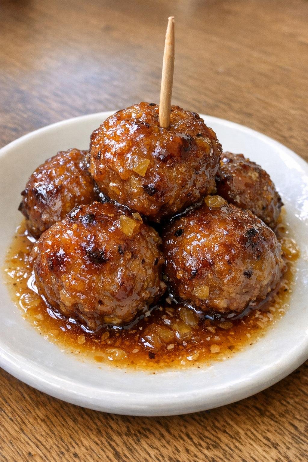 Single serving of pineapple glazed meatballs on a white plate