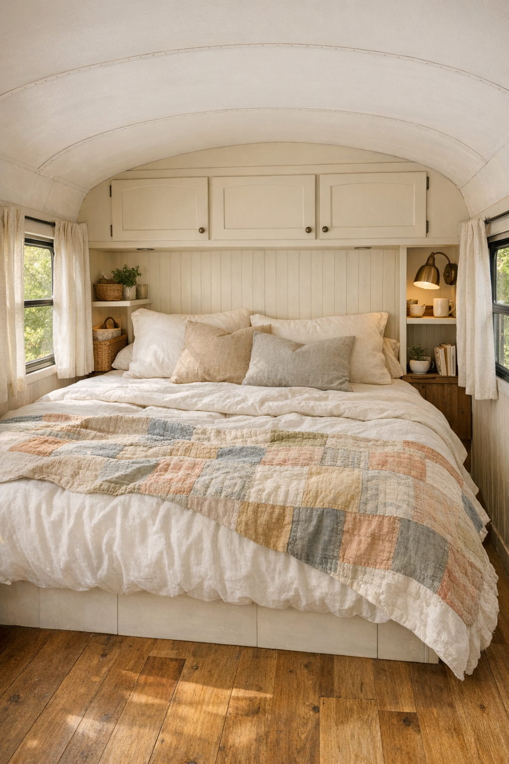 Peaceful bedroom in a converted bus with patchwork quilt and built-in storage